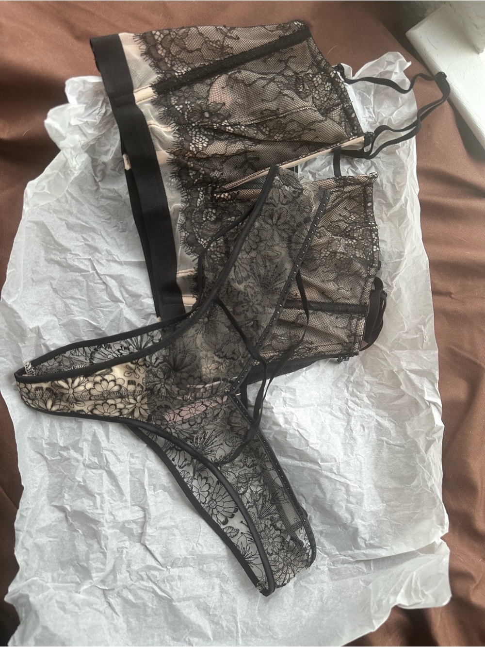 Victoria's Secret Black Floral Sheer Lace Bralette & Thong Set